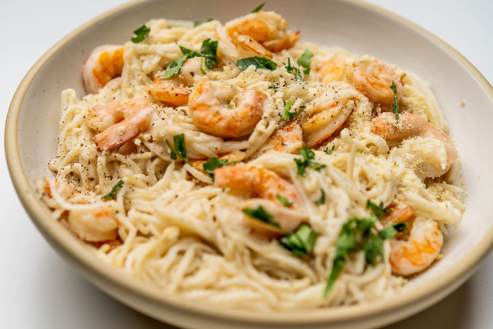 Shrimp Alfredo with Hearts of Palm Pasta | No Dairy Alfredo