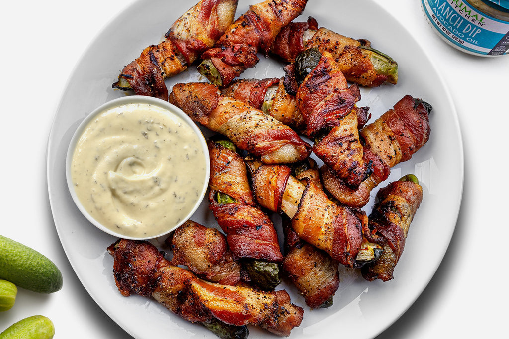 Bacon Wrapped Pickles with No Dairy Ranch Dip Primal Kitchen