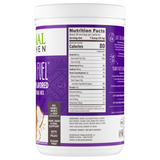 Nutrition label of a canister of Primal Kitchen Collagen Fuel Peanut Butter flavor collagen peptide drink mix with a purple and white label on a light grey background.