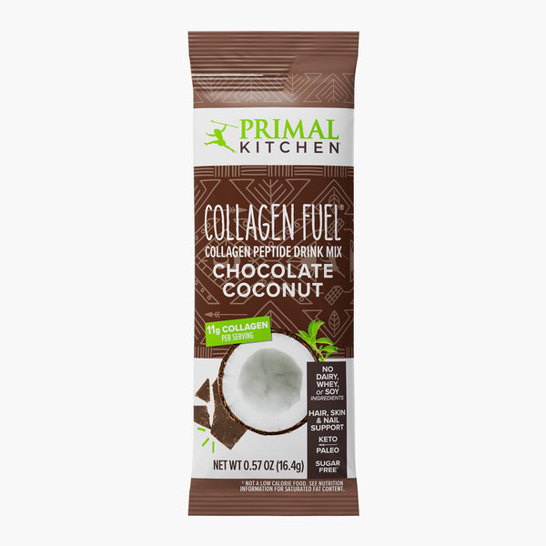 A single serving packet of Primal Kitchen Collagen Fuel Chocolate Coconut collagen peptide drink mix with a brown and white label on a white background.