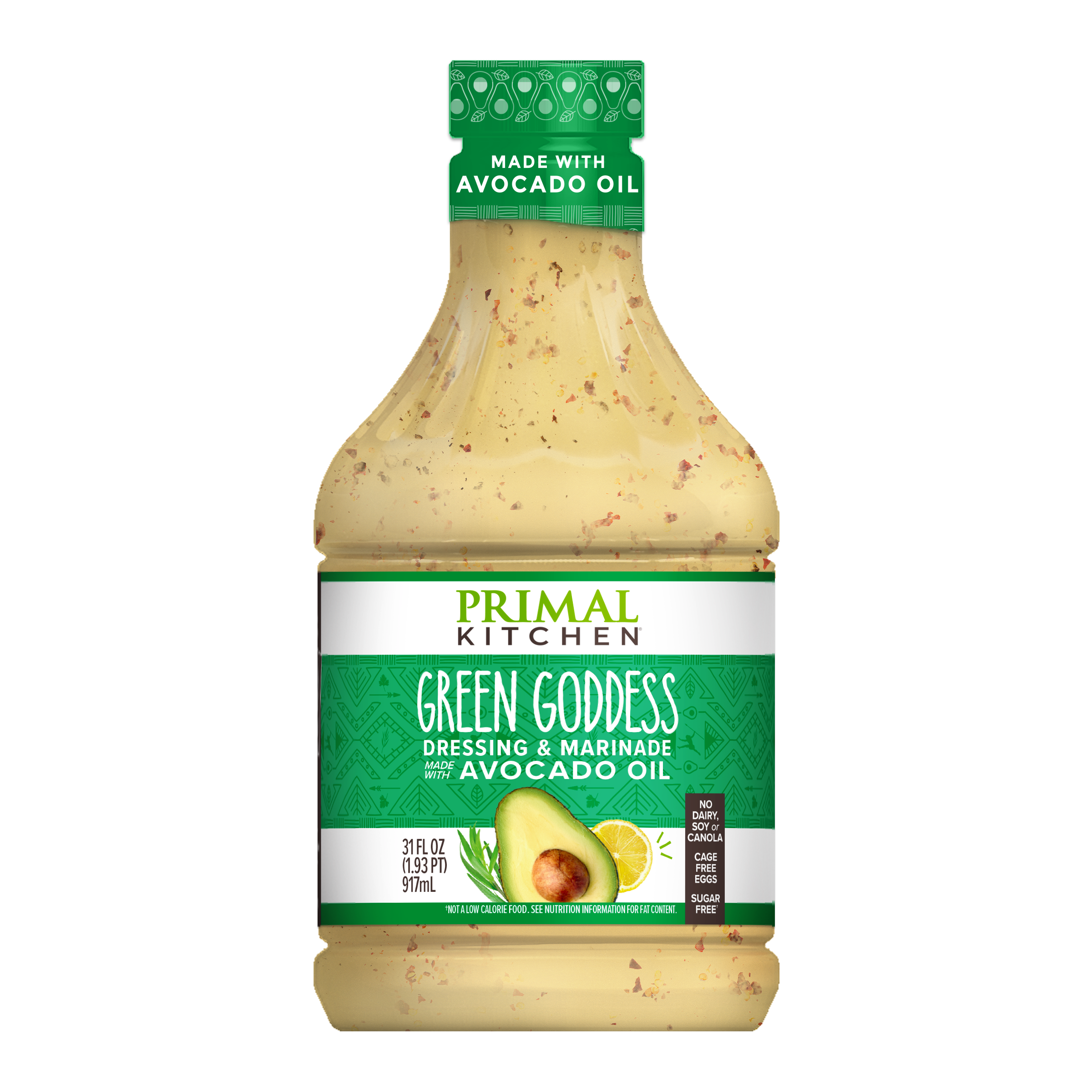 Bottle of Primal Kitchen Green Goddess dressing with avocado oil on a white background