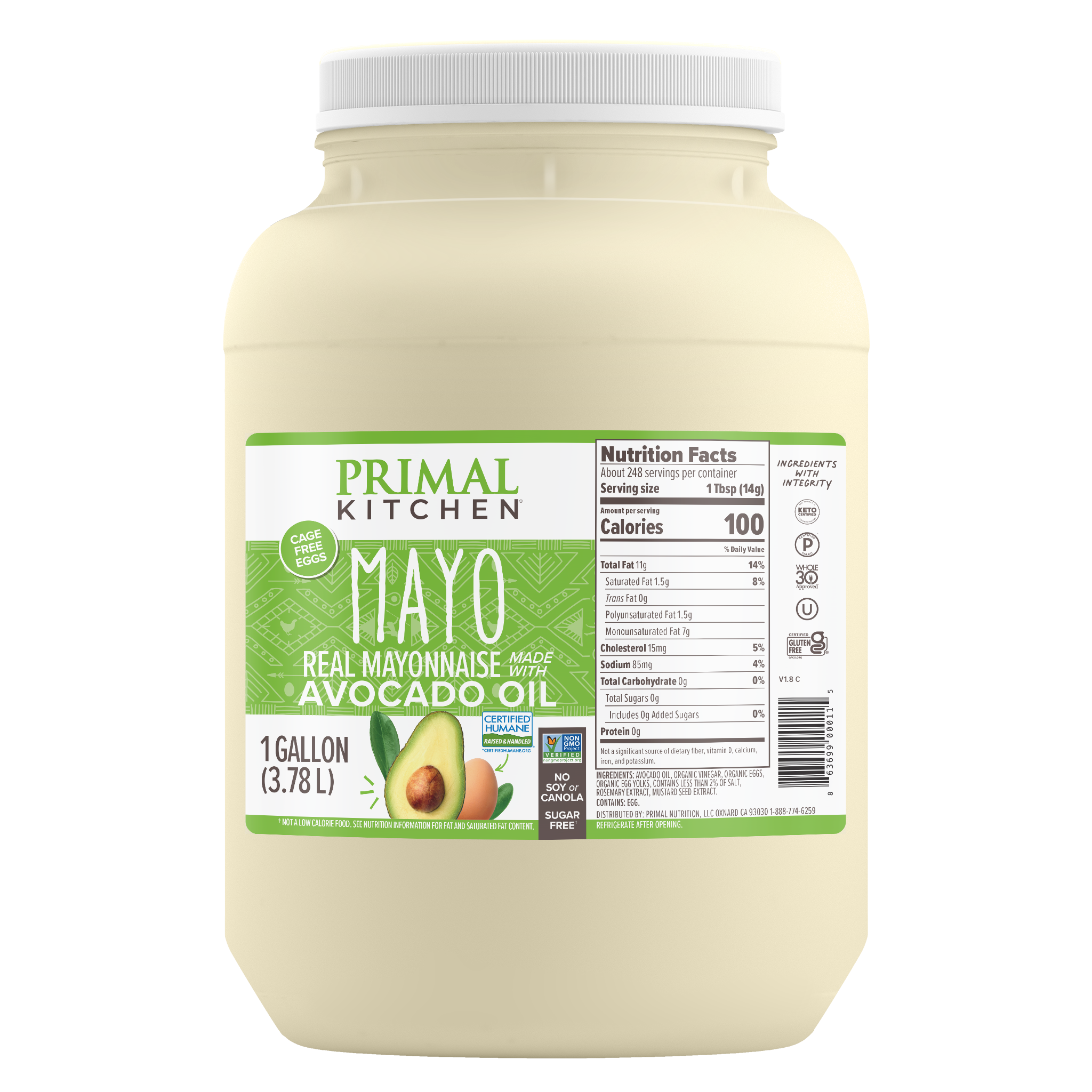 Primal Kitchen mayo jar with avocado oil on a white background
