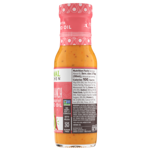 Side view of a bottle of Primal Kitchen Buffalo Ranch Dressing & Marinade, including nutrition facts and ingredient list.