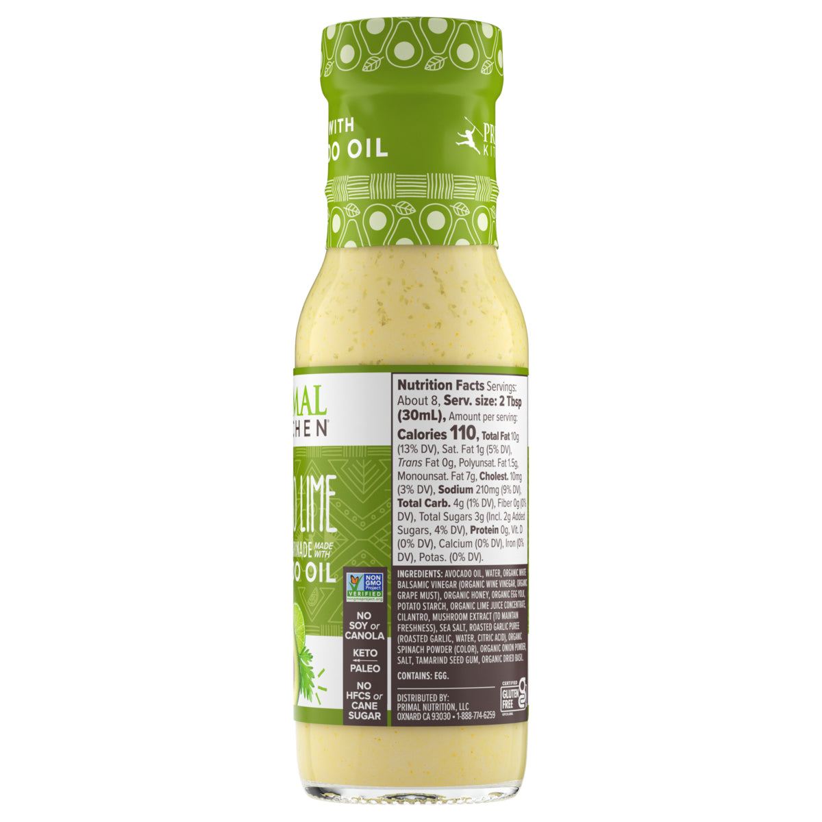 Side view of a bottle of Primal Kitchen Cilantro Lime Dressing & Marinade, including nutrition facts and ingredient list. 