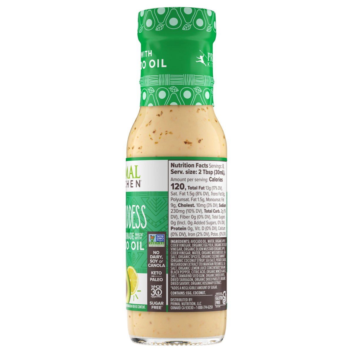 Side view of a bottle of Primal Kitchen Green Goddess Dressing & Marinade including nutrition facts and ingredient list.