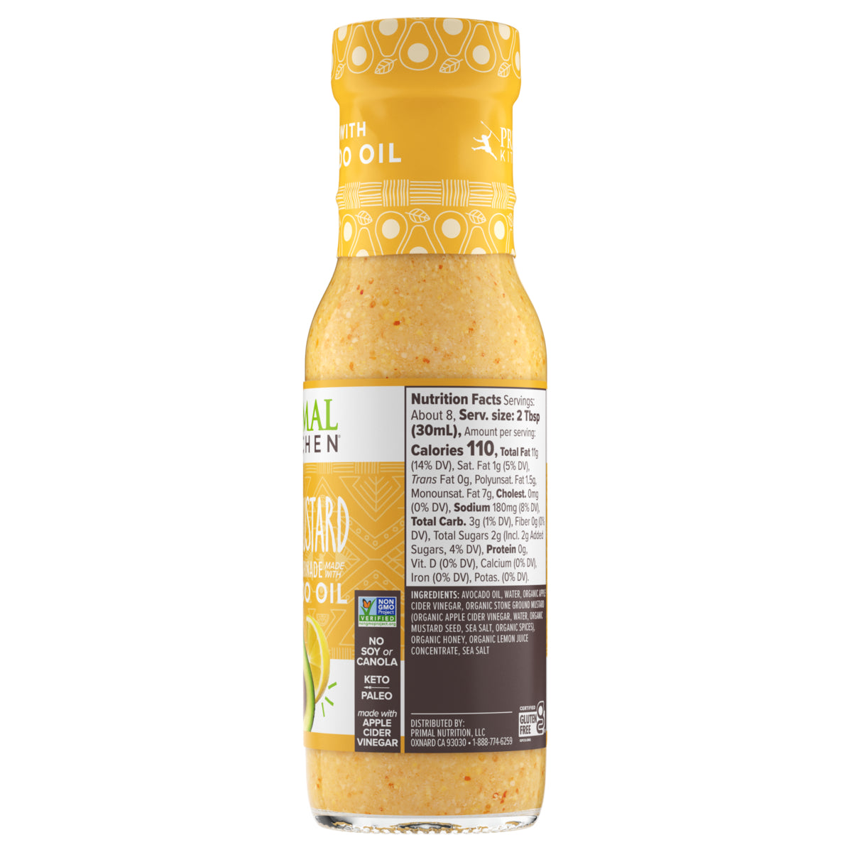 Side view of a bottle of Primal Kitchen Honey Mustard Dressing, including nutrition facts and ingredient list. 