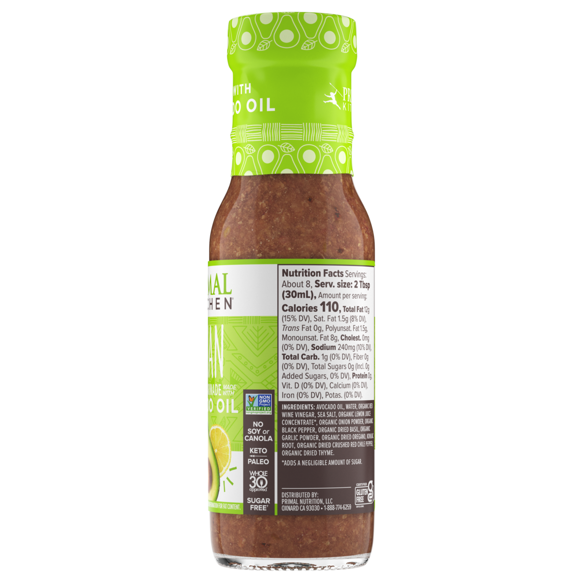 Side view of a bottle of Primal Kitchen Italian Dressing & Marinade, including nutrition facts and ingredient label.