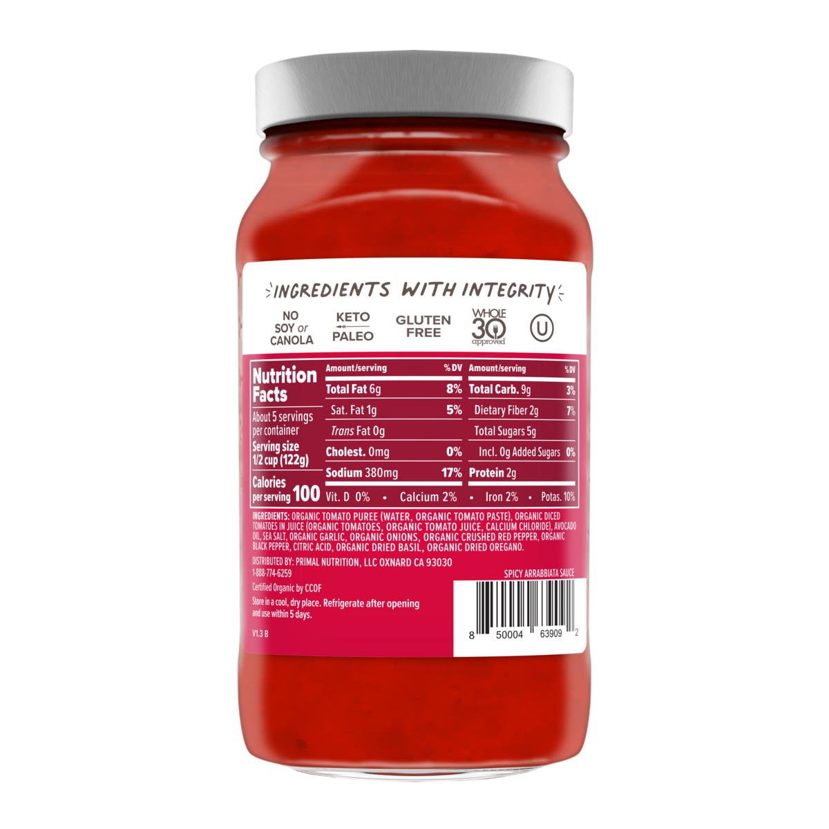 Back side of a jar of Primal Kitchen Arrabbiata Marinara spicy tomato sauce, with a label including nutrition facts and ingredient list. 