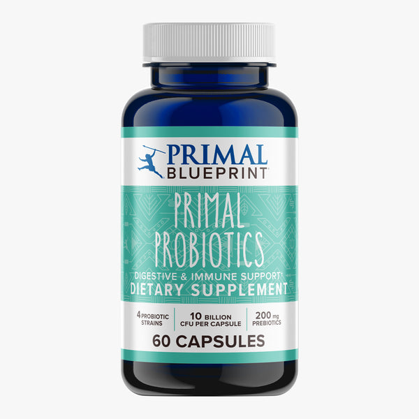 A blue bottle of Primal Blueprint Primal Probiotics on a white background.