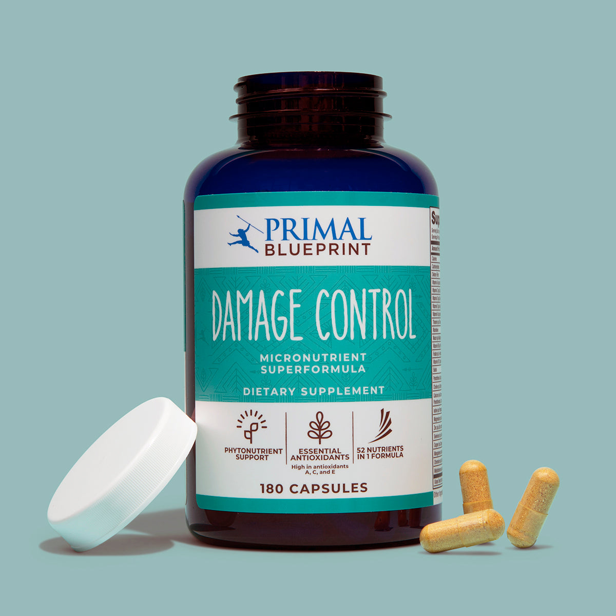An uncapped blue bottle of Primal Blueprint Damage Control with a teal and white label next to a white cap and yellow supplements on a light blue background.