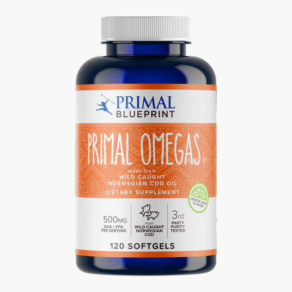 A blue bottle of Primal Blueprint Primal Omegas with an orange and white label on a light grey background.