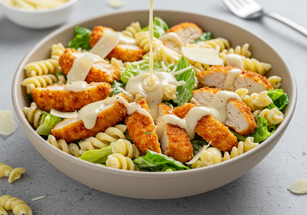 Chicken caesar pasta salad with no-seed-oil dressing. 
