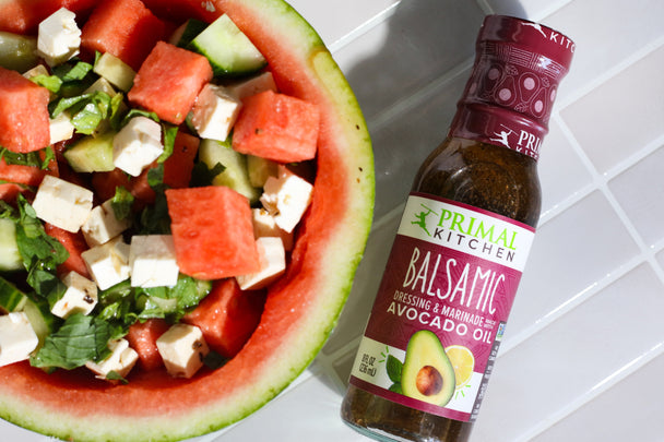 Watermelon feta salad with mint and balsamic vinaigrette.
