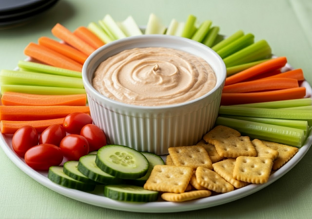 Hand dipping a pretzel in a ramekin of Buffalo Ranch Cottage Cheese Dip.