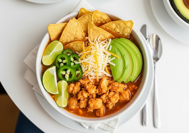 Overhead view of a bowl of buffalo chicken chili with fresh avocado, lime slices, tortilla chips, sliced jalapeño, and cheddar cheese.