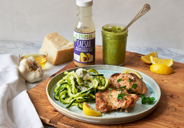 Keto Caesar Chicken Thighs with Pesto Zoodles