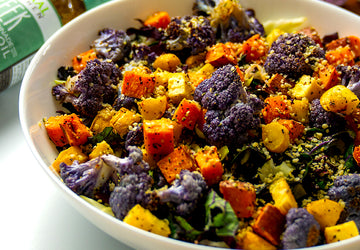 Roasted Veggie Bowl with Kale & Cabbage Slaw