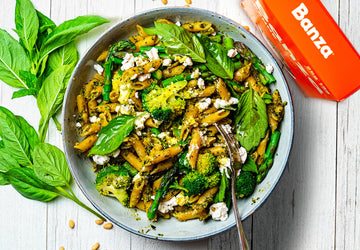Gluten-Free Pesto Pasta with Chickpea Penne, Broccoli, and Asparagus