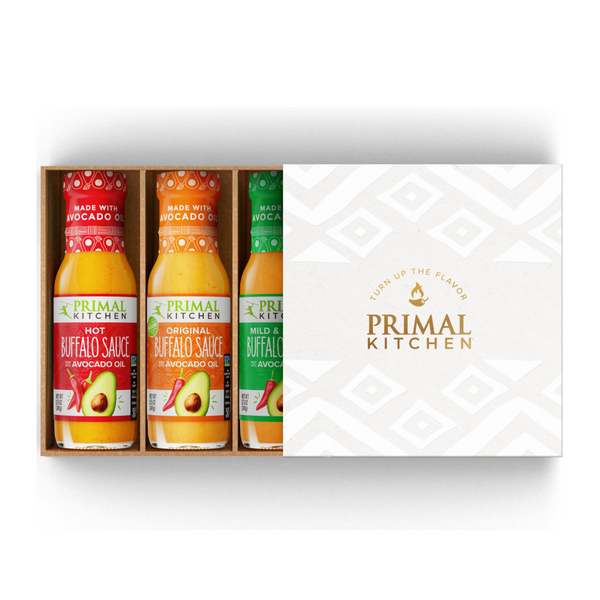 Gift Box featuring Primal Kitchen Hot Buffalo Sauce, Original Buffalo Sauce, and Mild & Sweet Buffalo Sauce