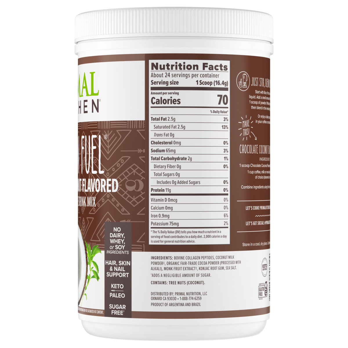 Nutrition label of a white canister of Primal Kitchen Collagen Fuel Chocolate Coconut Flavored Collagen Peptide Drink Mix.