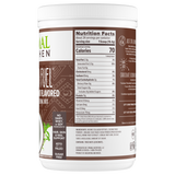 Nutrition label of a white canister of Primal Kitchen Collagen Fuel Chocolate Coconut Flavored Collagen Peptide Drink Mix.