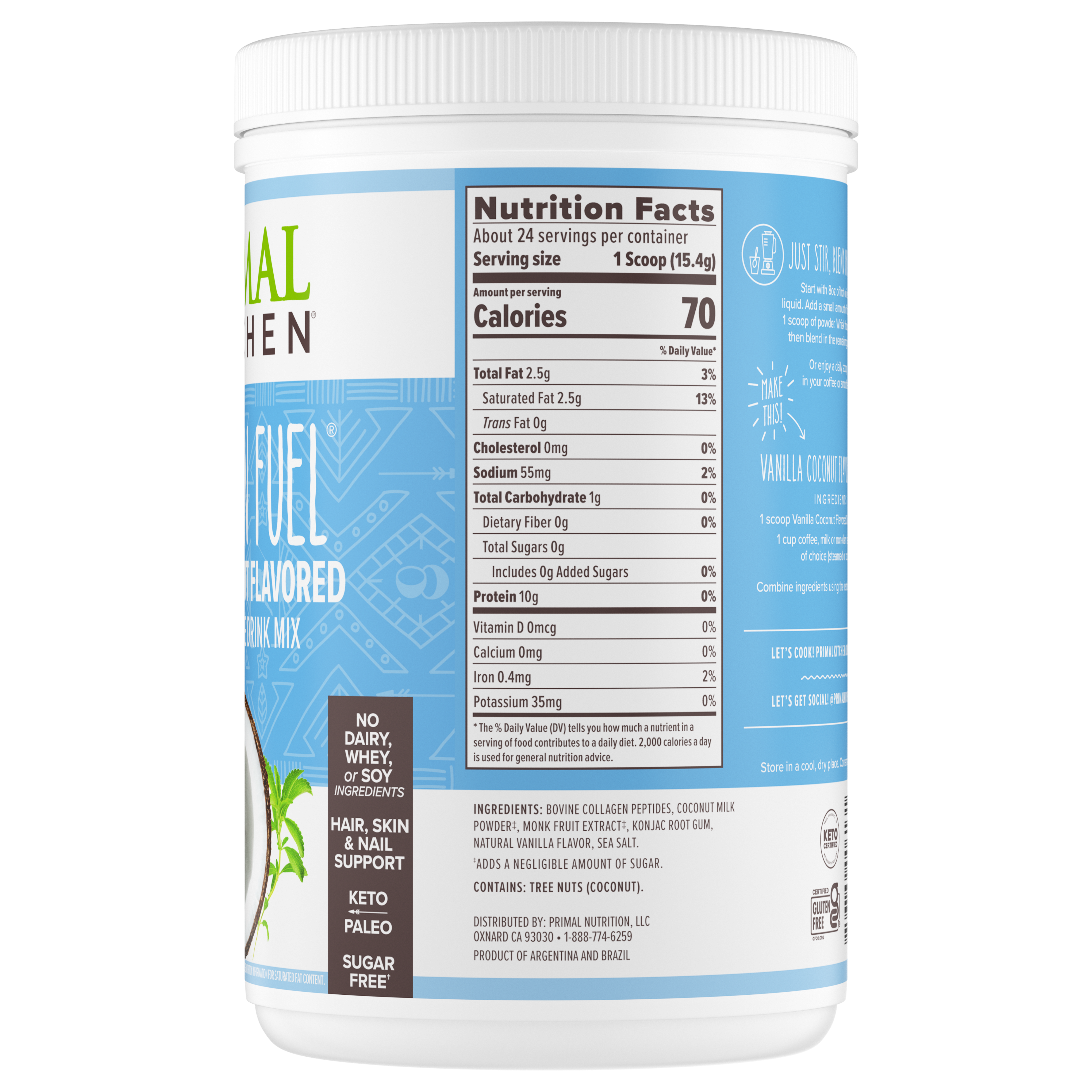 Nutrition label of a white canister of Primal Kitchen Collagen Fuel Vanilla Coconut Flavored Collagen Peptide Drink Mix.