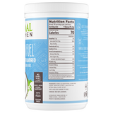 Nutrition label of a white canister of Primal Kitchen Collagen Fuel Vanilla Coconut Flavored Collagen Peptide Drink Mix.