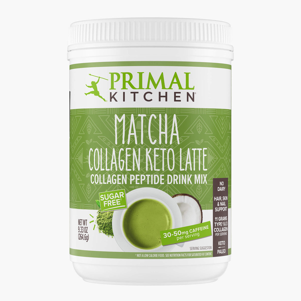 A canister of Primal Kitchen Matcha Collagen Keto Latte collagen peptide drink mix with a green and white label on a light grey background.