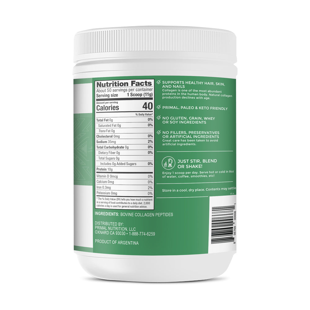 Nutrition label of a canister of Primal Kitchen Unflavored Collagen Peptides drink mix with a green and white label on a light grey background.