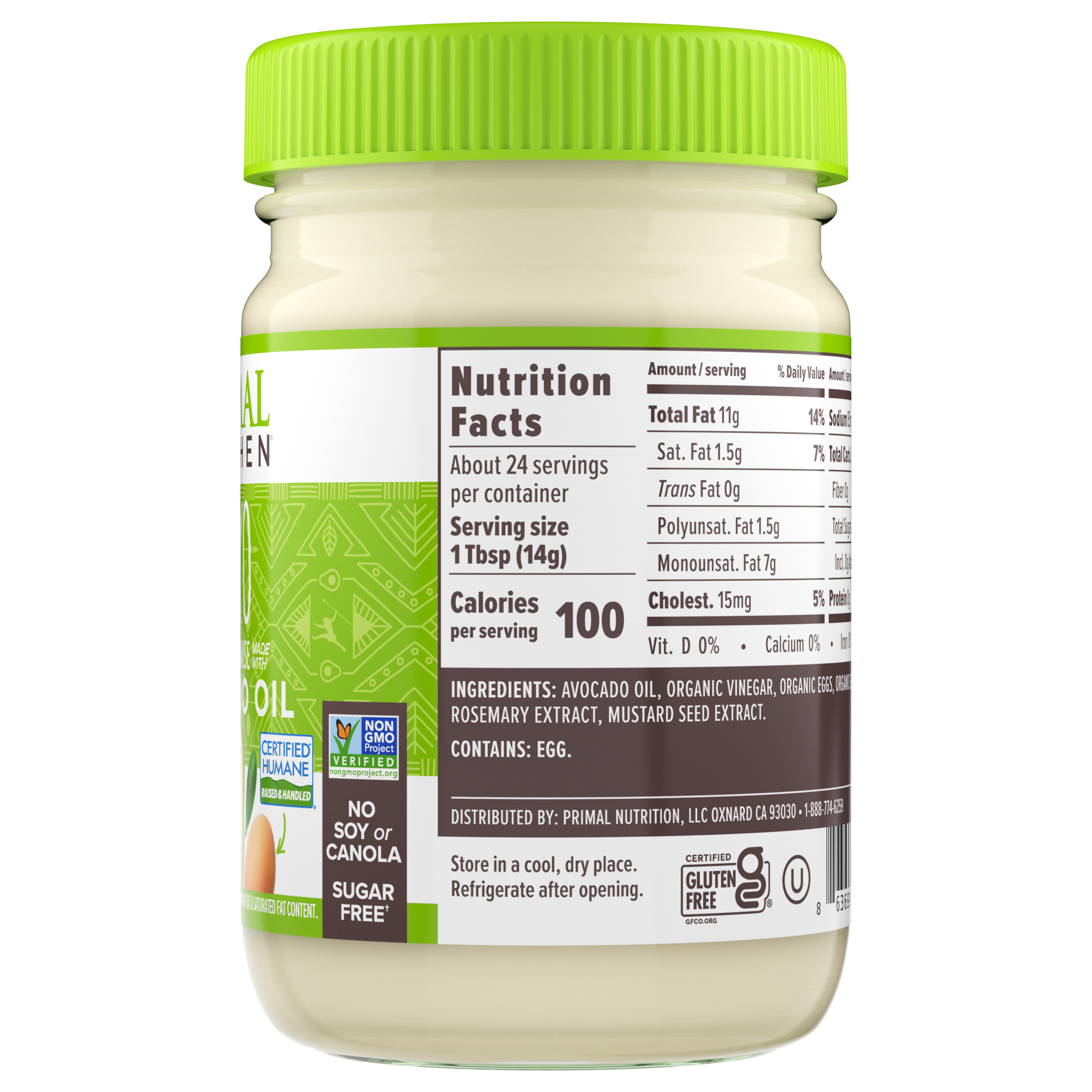 Nutrition label of Primal Kitchen Mayo made with Avocado Oil in a glass jar