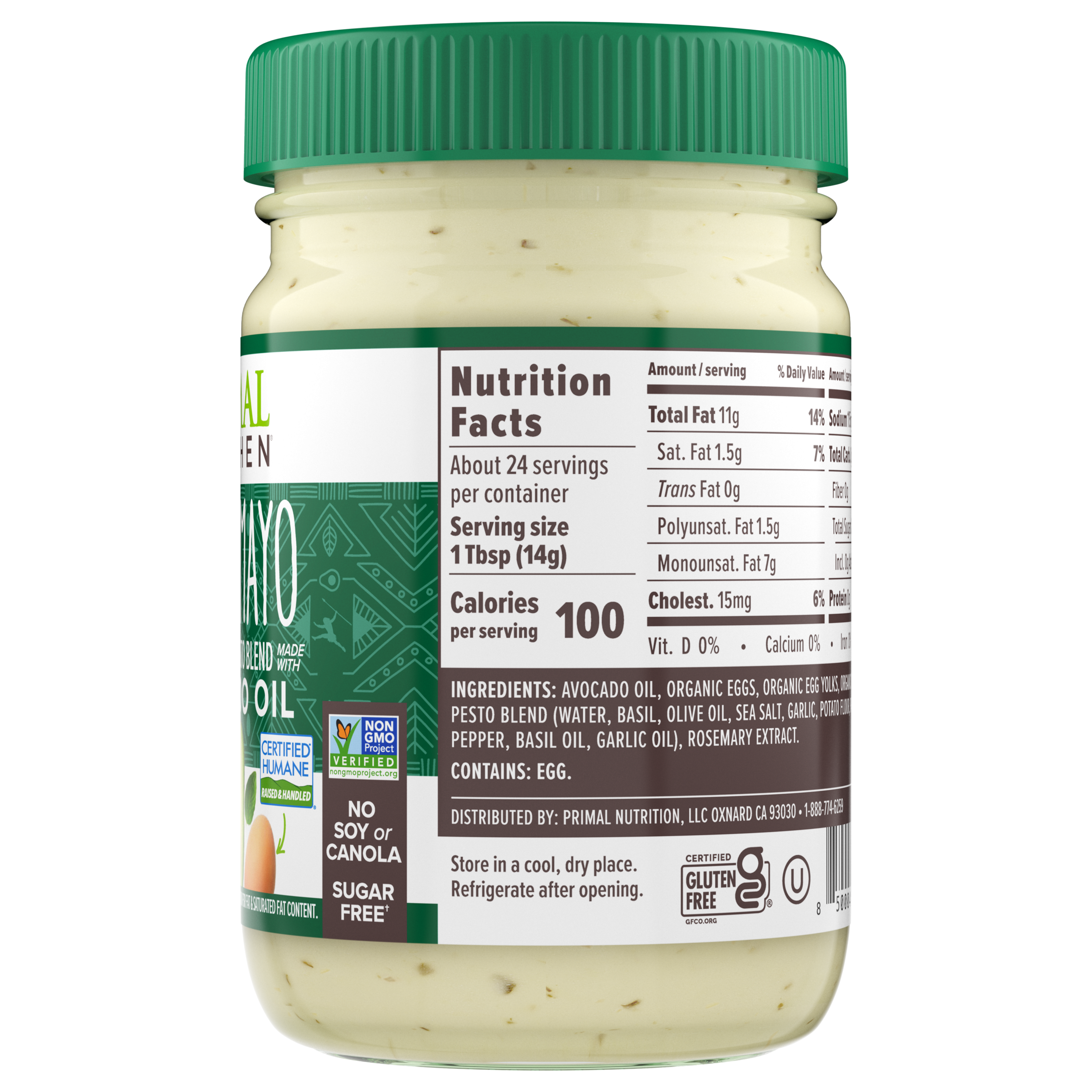 Nutrition label of a glass jar with a green lid of Primal Kitchen Pesto Mayo made with Avocado Oil.
