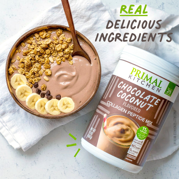 chocolate coconut collagen pepetides in a smoothie bowl with bananas and granola. 11 grams of collagen per serving. 
