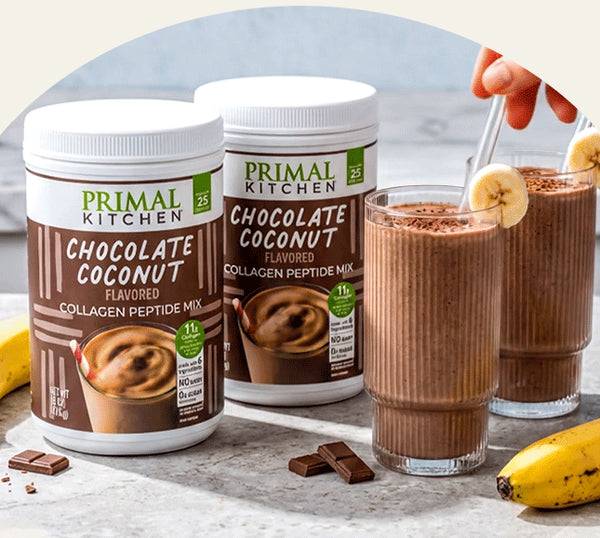 chocolate coconut collagen next to two smoothies and a banana. 