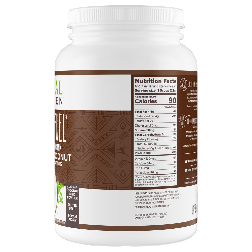 Backside of Primal Kitchen Chocolate Whey Protein Drink canister showing nutrition facts and ingredients list