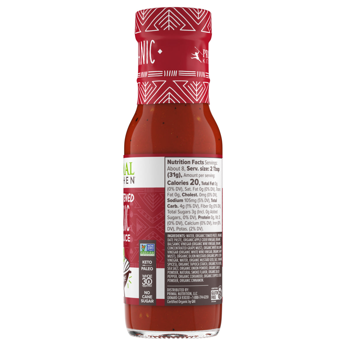 Backside of Primal Kitchen Organic Unsweetened Classic BBQ Sauce Bottle showing nutrition facts and ingredients list