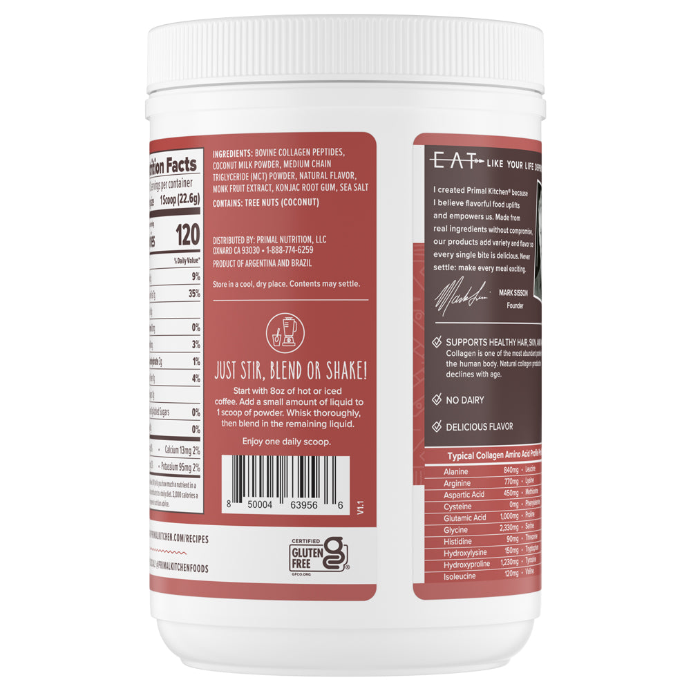 Nutrition label of a canister of Primal Kitchen No Dairy Hazelnut Collagen Creamer with a brown and white label on a light grey background.