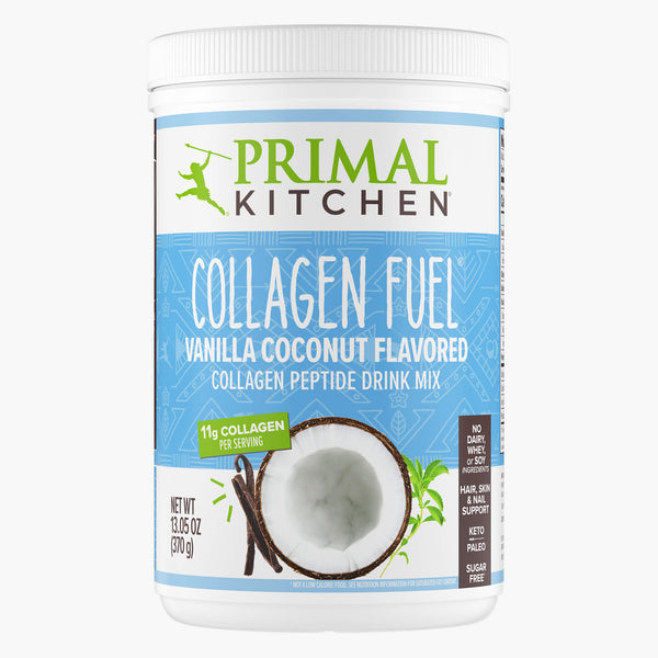 A white canister of Primal Kitchen Collagen Fuel Vanilla Coconut Flavored Collagen Peptide Drink Mix.