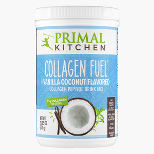 A white canister of Primal Kitchen Collagen Fuel Vanilla Coconut Flavored Collagen Peptide Drink Mix.