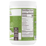 Nutrition label of a canister of Primal Kitchen Matcha Collagen Keto Latte collagen peptide drink mix with a green and white label on a light grey background.