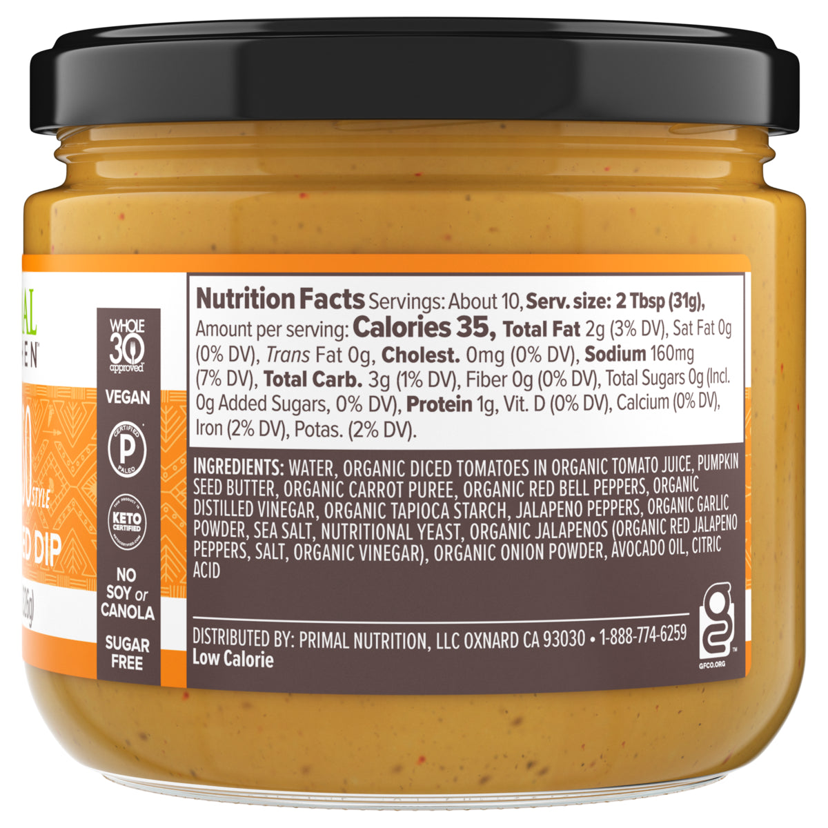 Back of a jar of Primal Kitchen Plant Based Queso Style Dip  with nutrition facts and ingredient list.