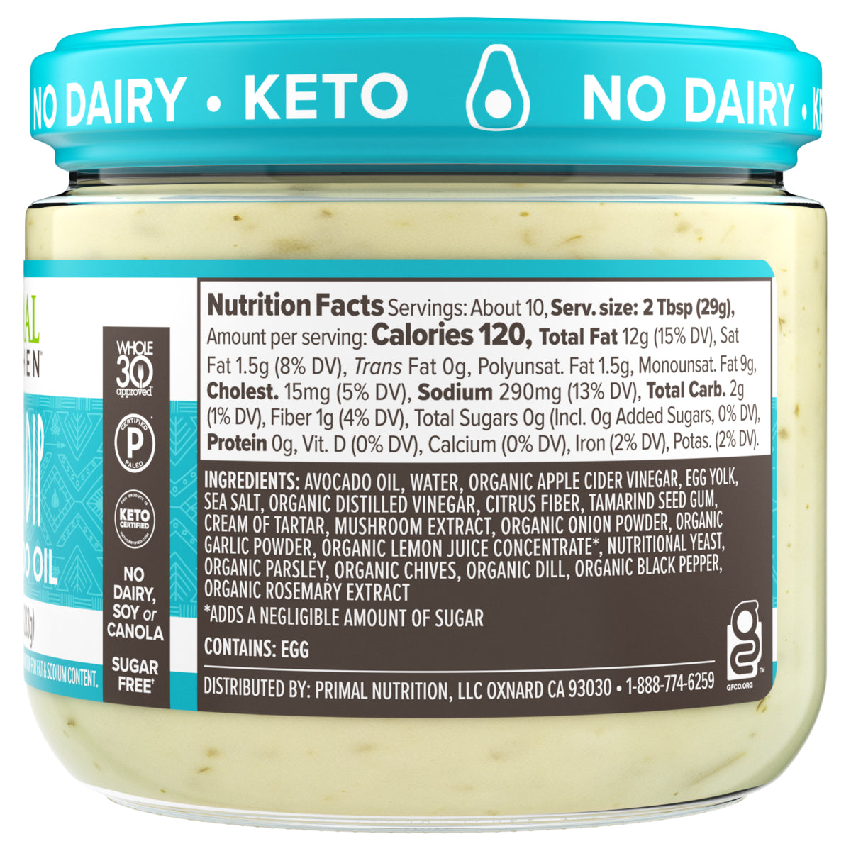 Back side of a jar of Primal Kitchen Ranch Dip. including ingredient list and nutrition facts.