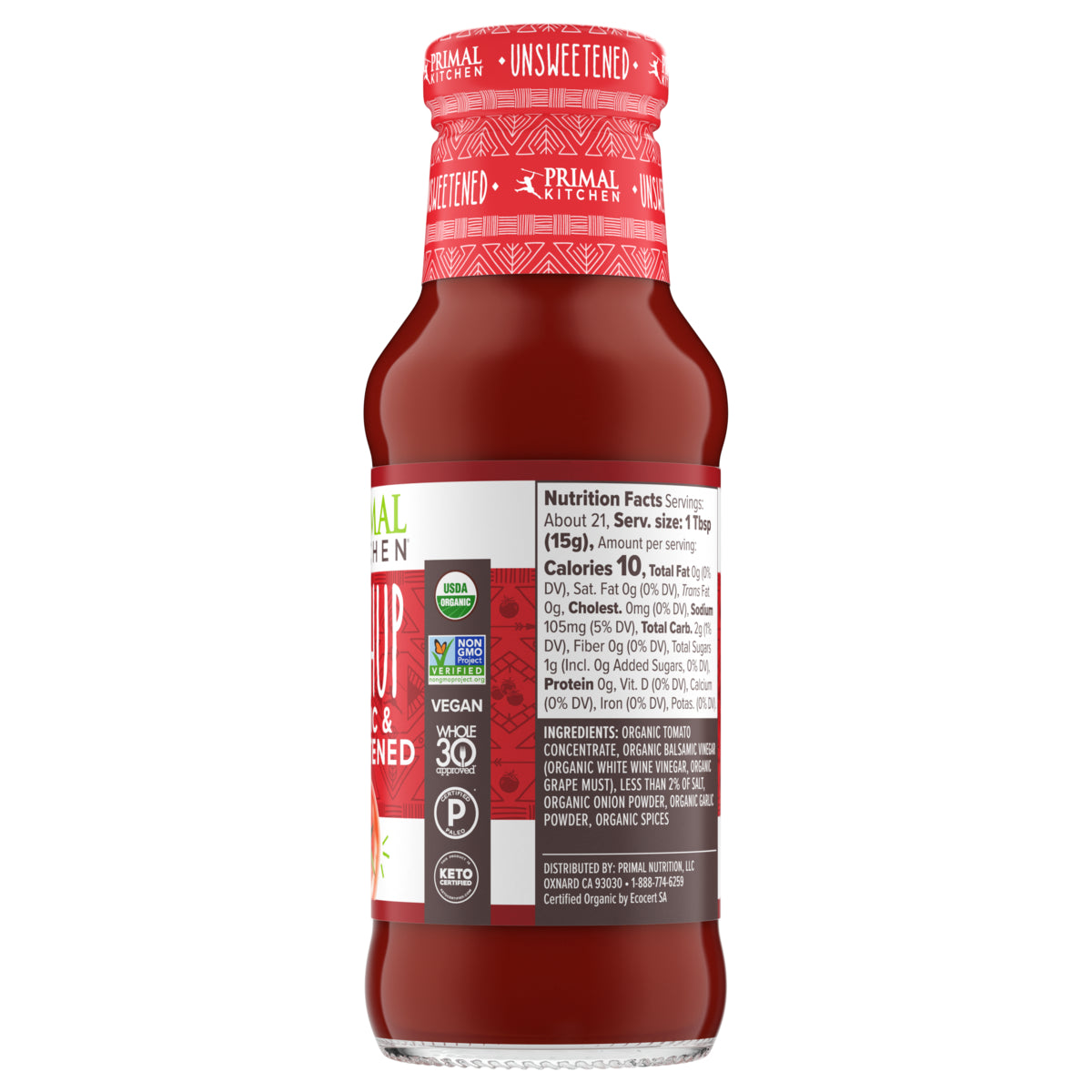 Backside of Primal Kitchen Organic Unsweetened Ketchup bottle showing nutrition facts and ingredients label
