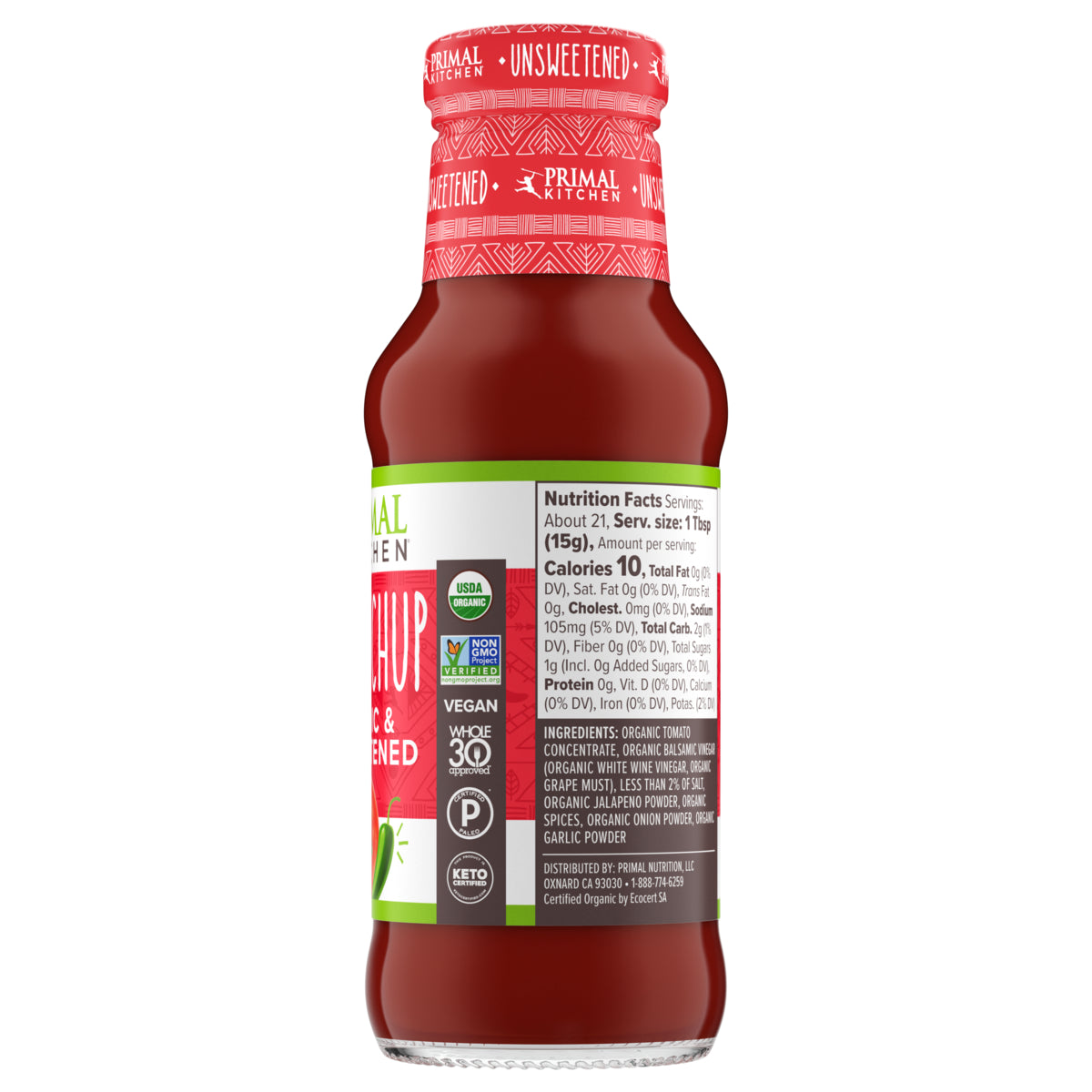 Backside of Primal Kitchen Spicy Organic Unsweetened Ketchup showing nutrition facts and ingredients list