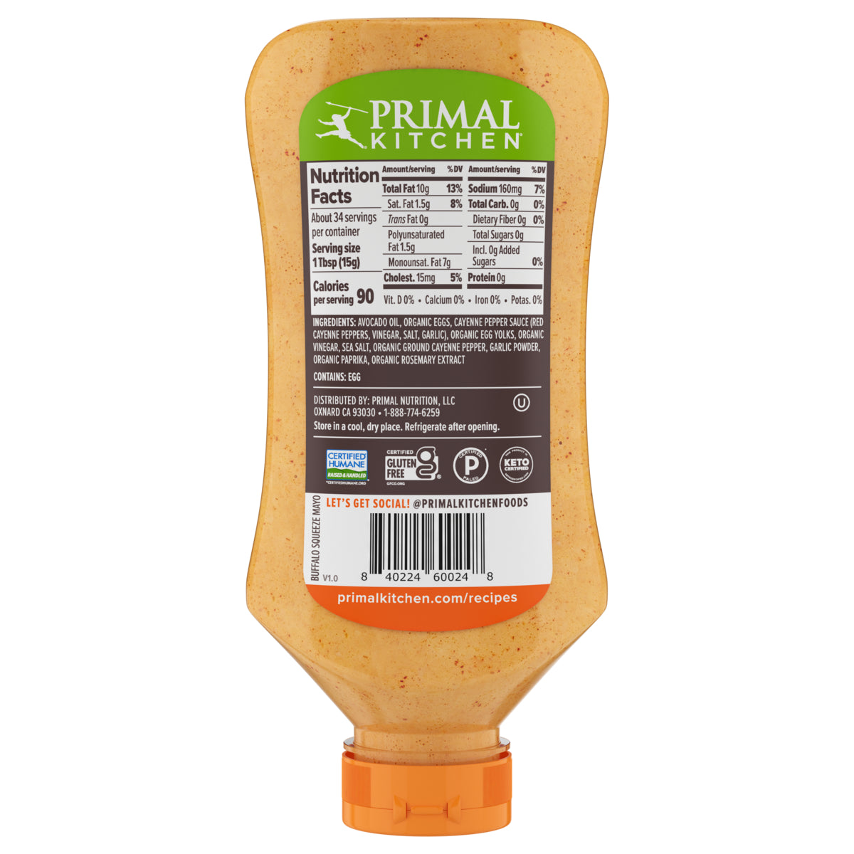 Nutritional label of a 17 oz squeeze bottle with an orange cap of Primal Kitchen Buffalo Mayo made with Avocado Oil.