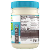 Nutritional label of a 12 oz glass jar with a light blue lid of Primal Kitchen Vegan Mayo made with Avocado Oil.