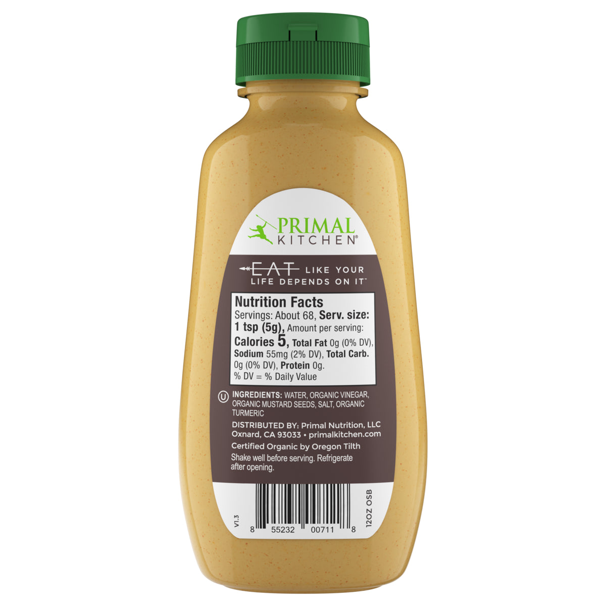 Backside of Primal Kitchen Organic Spicy Brown Mustard showing nutrition facts and ingredients list