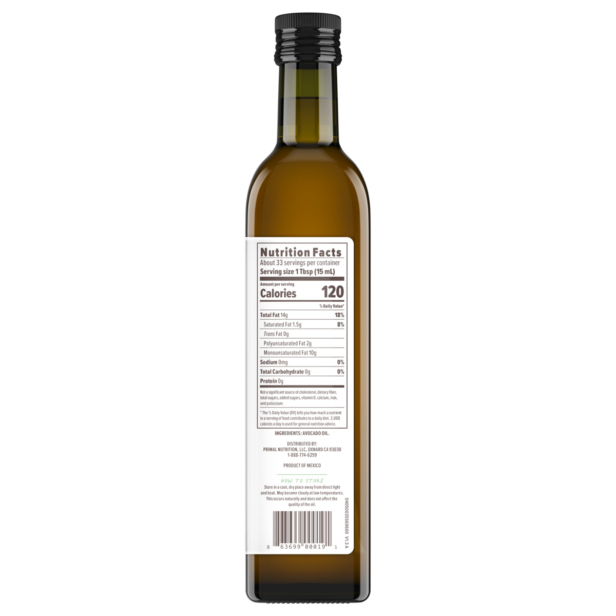 Nutritional label of a 500mL dark brown glass bottle of Primal Kitchen Avocado Oil.