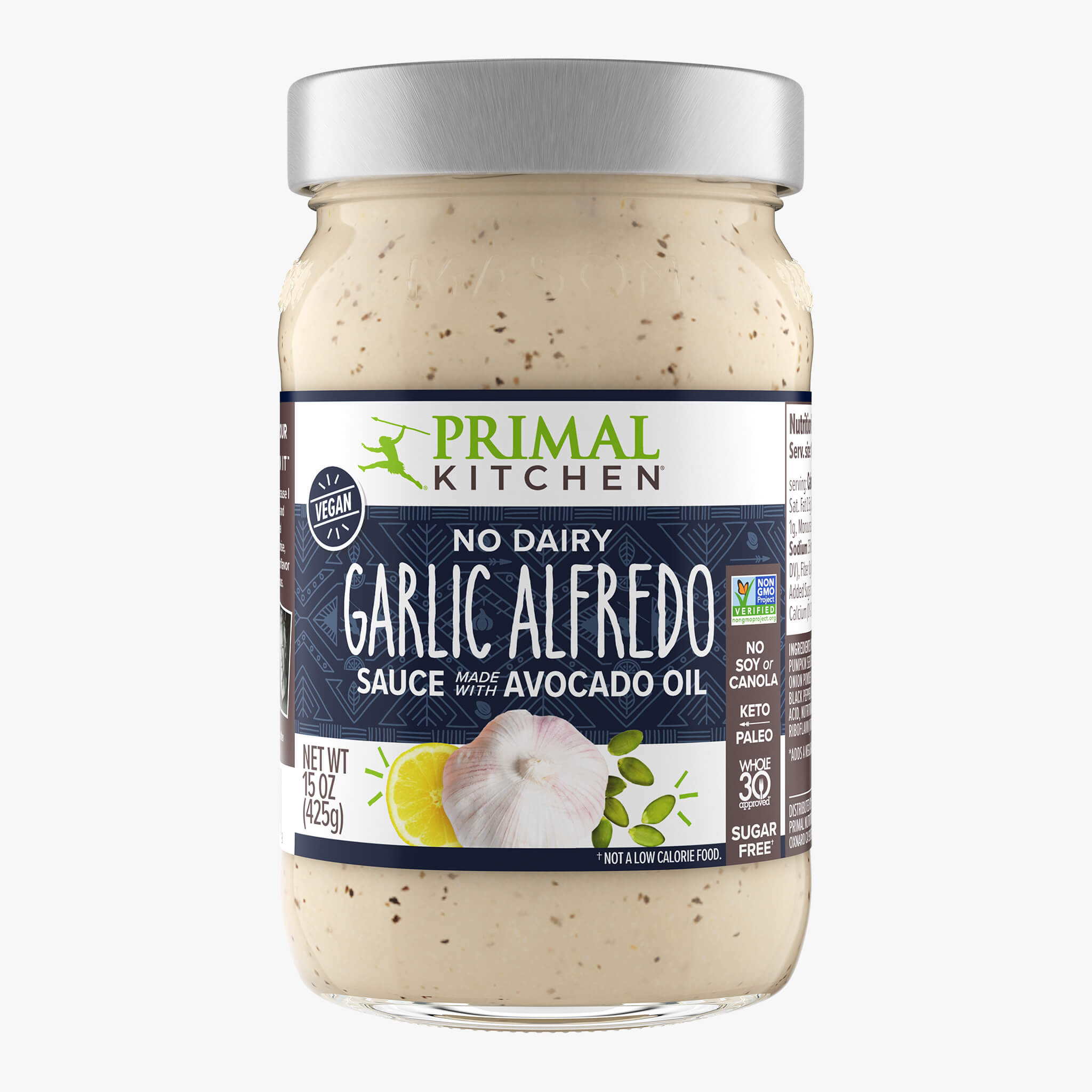 Front of a jar of vegan no-dairy Primal Kitchen Garlic Alfredo Sauce made with avocado oil, on a light grey background.