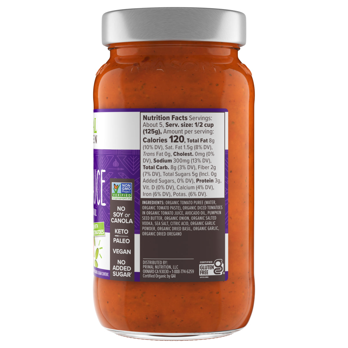 The back side of a jar of Primal Kitchen Vodka Sauce, with a label including nutrition facts and ingredient list. 