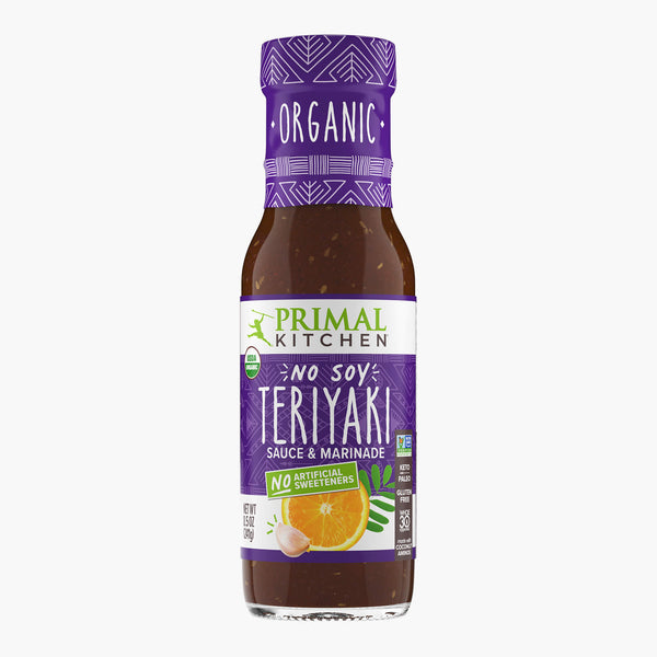 Primal Kitchen Orgnaic No Soy Teriyaki Sauce & Marinade with no artificial sweeteners on a white background 